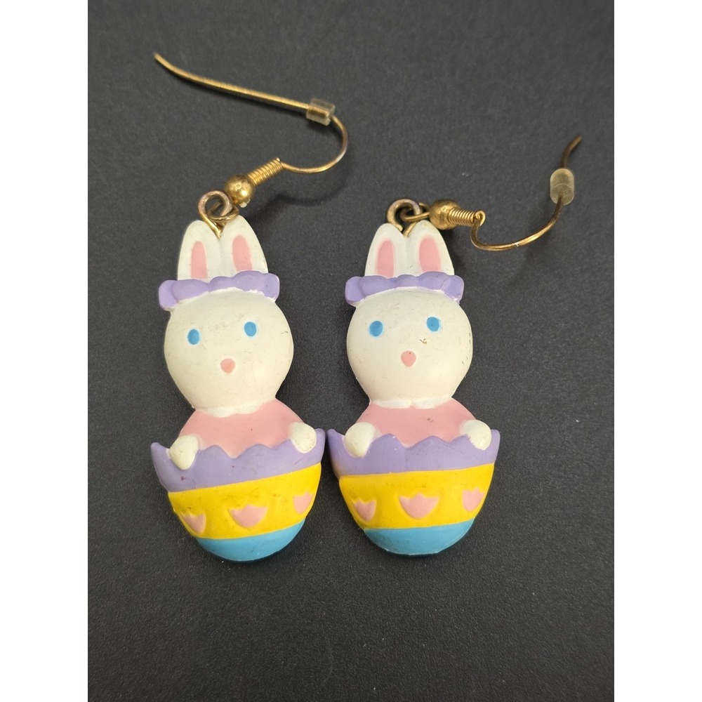 Easter bunny dangle earrings featuring rabbits in pastel-colored Eggshells